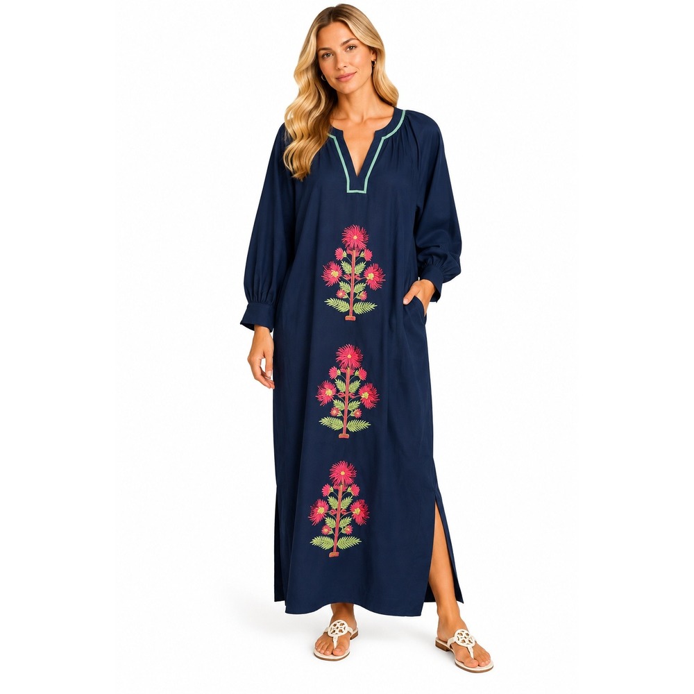 Caftan Dress L Floral Embroider Graphic V-Neck Maxi Boho Boho Loungewear